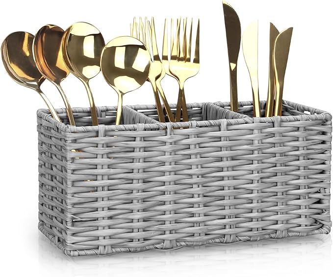 Ayiaren Grey Plastic Cutlery Silverware Holder Small Utensil Organizer Holders for Kitchen Counter Party Flatware Caddy Table Silverware Organizer Basket Spoon Knife Fork Holder Picnic Utensil Caddy-NeatNest