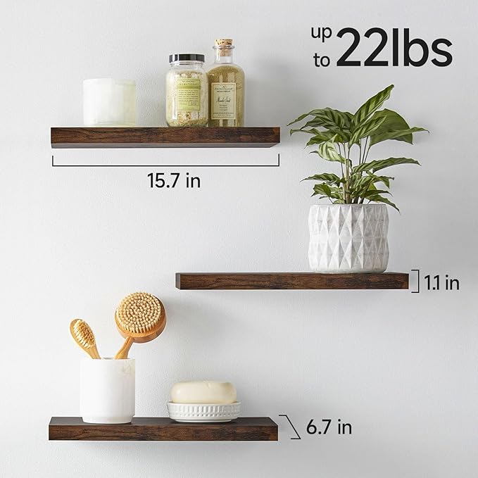 BAYKA Bathroom Floating Shelves for Wall โ Bathroom Shelf Over Toilet Farmhouse Rustic Wood for Bedroom, Kitchen, or Living Room Decor Organization โ Rustic Brown, Set of 3, Storage with 22lb Capacity-NeatNest