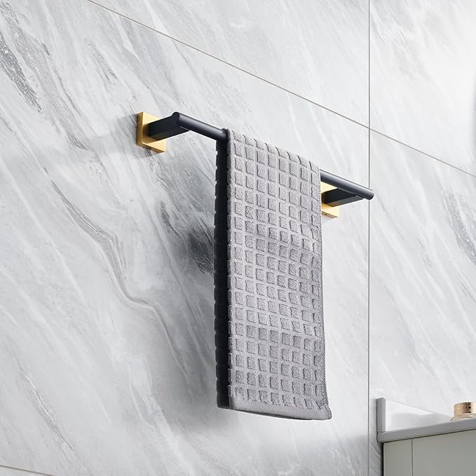 Miyili Bath Towel Bar 15.75-Inch Stainless Steel Towel Rack Hanger for Bathroom Kitchen Wall Mount Black & Gold, A02BG40A