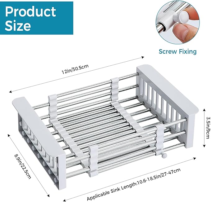 COVRA Over Sink Dish Drying Rack, Stainless Steel Drainer for 11"-19" Sinks, Kitchen Countertop Organizer for Dishes, Vegetables, and Fruits (Gray)-NeatNest
