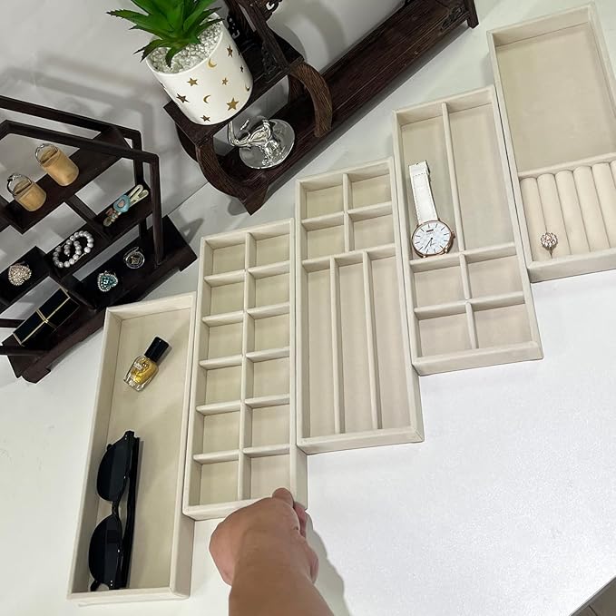 2Pcs Desk Drawer Storage Tray, Nightstand Organizer Tray, Necklace Bracelet Ring Earring Jewelry Display Tray, Grid Table Organizer Holder Tray for Sunglass, Phone, Watch, Perfume (12 grid)/Beige-NeatNest