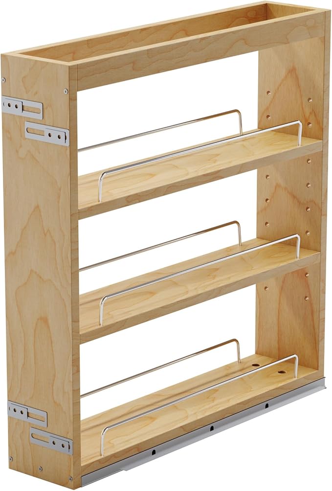 Dowell 5" Base Pull-out Spice Organizer with Adjustable Shelves for Base Kitchen Cabinet, Bottom Mounted Soft Close Slides - 4004 0524 | Soft-Close Wooden Slide Out Spice