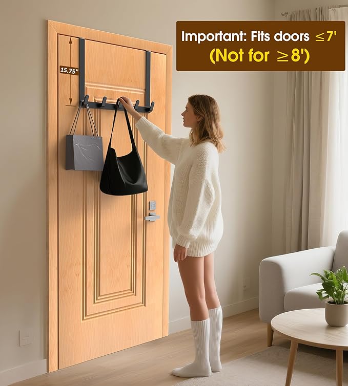 Long Over The Door Hooks with 15.75-inch Arms for Easier Access by Women, Heavy Duty Door Hanger for Winter Coat, L16U, Fits Standard 1 3/4'' Doors, Towel Racks Organization, Black