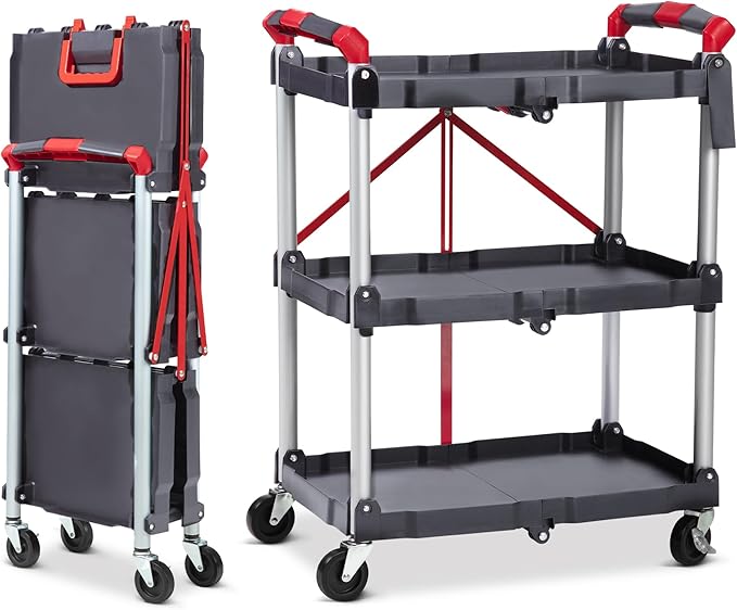 3-Tier Foldable Utility Service Cart, 167Lbs Heavy Duty Collapsible Service Rolling Cart with 2X360° Swivel Lockable Wheels,Portable Tool Cart for Kitchen Office Restaurant Garage Salon