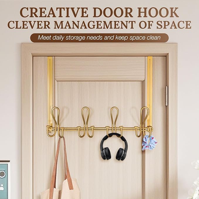 Double Prong Over The Door Hook Rack, with 4 Triple Hooks to Hang Your Coats, Hats, Towels, Purses and More in Your Bathroom, Bedrrom or Walk-in Closets - Gold