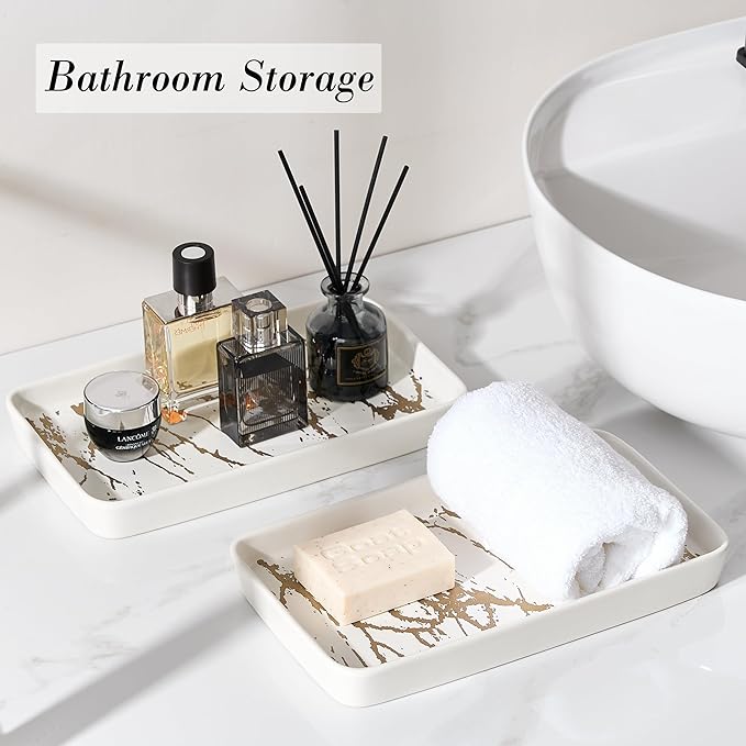 Bathroom Vanity Tray for Countertop,2PC Rectangle Marble Tray Set,Decorative Bathroom Organizer for Scrubber, Lotion Bottles, Perfume, Jewelry, Candle, Key Trinket Ring(Large,White)-NeatNest
