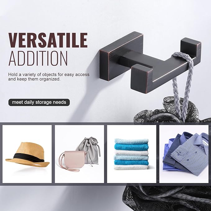Double Bathroom Towel Hook for Wall Mounted - Oil Rubbed Bronze Modern Towel Holder - Heavy Duty Coat Robe Hooks for Wall - Stainless Steel Shower Towel Hanger