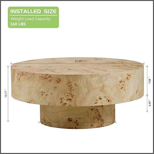 Coffee Table Round Wood 31.49" for Living Room Small Modern Coffee Tables Natural Burl Circle Drum Tea Center Cocktail Fluted Handcraft Home Furniture for Apartment Small Space Easy Assembly-NeatNest