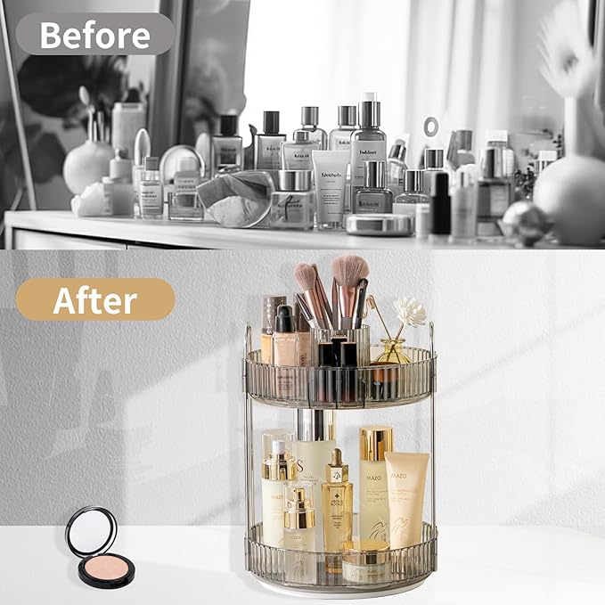 360 Rotating Makeup Organizer,2 Tier Large Capacity Make Up Organizers and Storage,Skincare Perfume Vanity Organizers,Bathroom Cosmetics Storage Organizer Countertop(Grey)-NeatNest