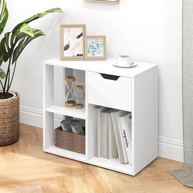 Giantex 3 Cube Bookcase with Drawer, 2 Tier Bookshelf for Small Space, Modern Freestanding Display Rack with Open Shelves, White Book Case, Wood Cube Storage Organizer Bedroom Living Room