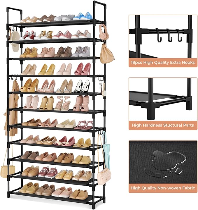 11 Tiers Tall Shoe Rack Holds 55 Pairs of Shoes with 18pcs Hooks Sturdy Wide Shoe Organizer Storage Free Standing Metal Shoe Shelf for Closet, Entryway Black-NeatNest