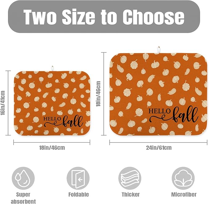 Dish Drying Mat for Kitchen Counter Large 16" x 18" Fall Pumpkin Absorbent Microfiber Dishes Drainer Rack Mats Pad Reusable Washable