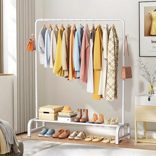 Clothes Rack With Storage Shelves: Metal Clothing Rack for Hanging Clothes, Garment Rack for Bedroom, Laundry, Living Room, White-NeatNest