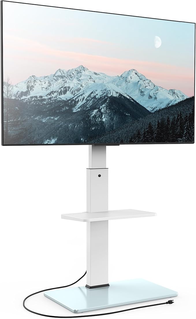 FITUEYES Floor TV Stand for 32-75 inch TV with Power Outlet, Tall TV Stand for Bedroom Living Room with Tempered Glass Base, Floor TV Mount Holds Up to 88lbs MAX VESA 600x400mm,White-NeatNest