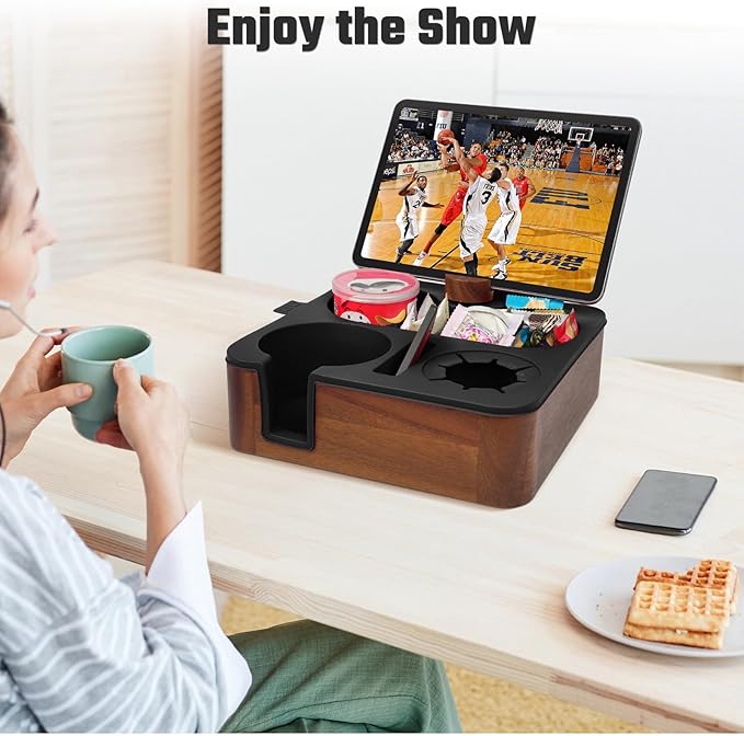 Couch Cup Holder Tray, Real Acacia Wooden Caddy with Soft Silicone, Snack and Drink Organizer- Perfect Movie Night Accessories for Bed, Remote and Cup Holders for Sofa (Black)-NeatNest