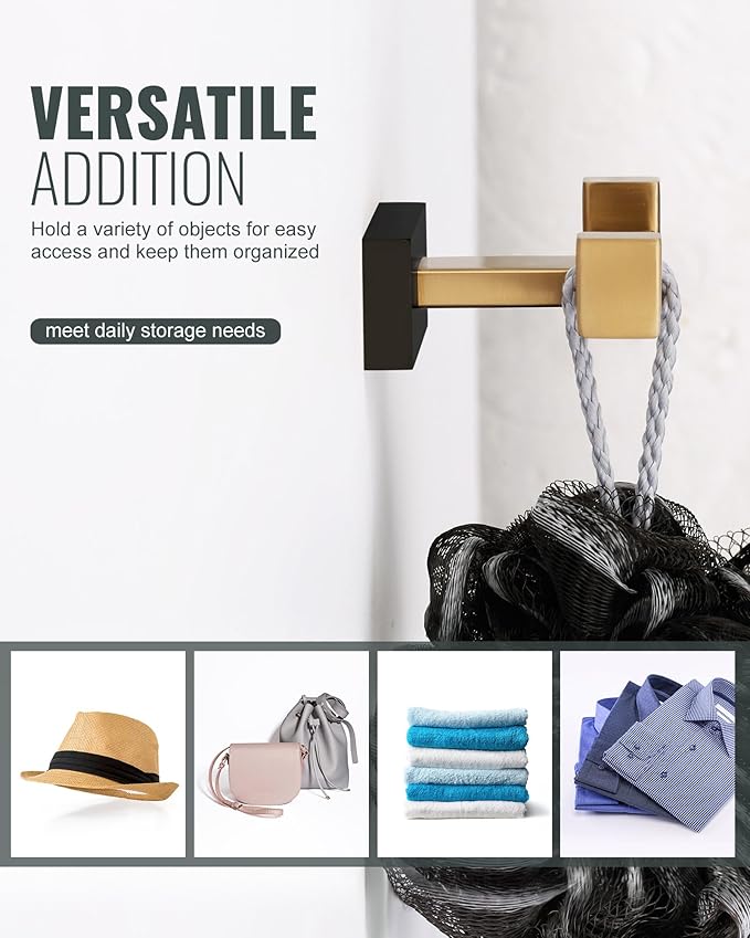 Double Bathroom Towel Hook - Modern Gold & Black Tower Holder - Heavy Duty Robe Hooks for Wall - Stainless Steel Shower Towel Hanger