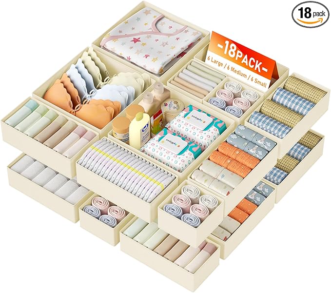 DIMJ Drawer Organizer Clothes Storage - 18 Pack Baby Dresser Organizer for Nursery, Foldable Closet Drawer Organizer Bins for Bedroom Organization, Fabric Storage Dividers for Socks, Underwears, Bras-NeatNest