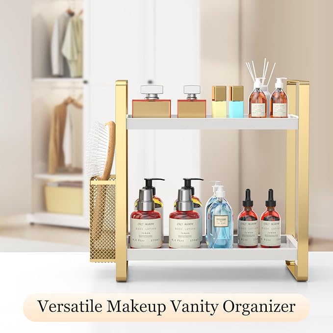 Bathroom Counter Organizer, Wood Vanity Trays with Basket, Skincare Countertop Organizers, Large Capacity Makeup and Perfume Organizer-NeatNest