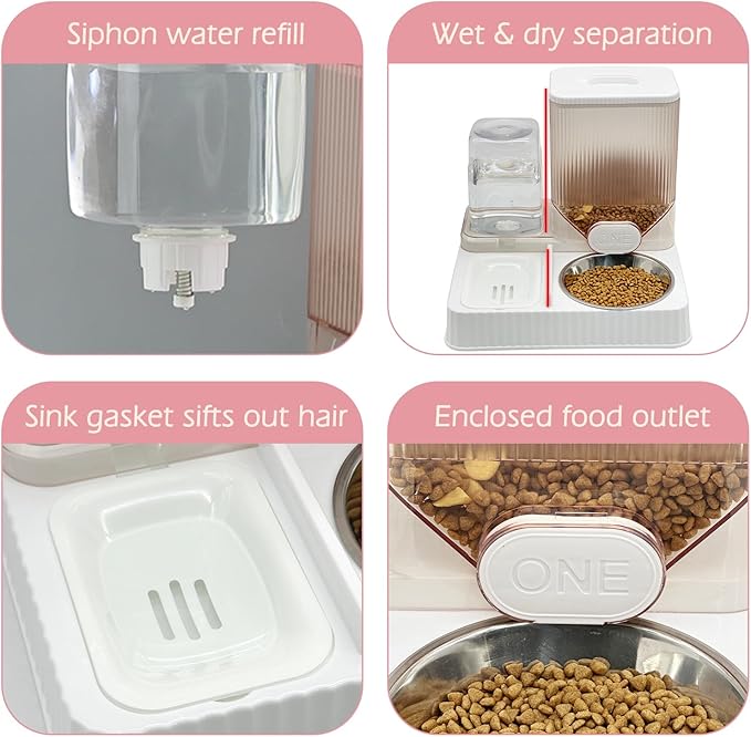 Fhiny Gravity Cat Feeder & Water Dispenser, 2 in 1 Automatic Puppy Waterer Removable Stainless Steel Food Bowls Set Self Feeding Pet Food Storage for Cat Kitten Puppy Easy Clean (White)-NeatNest