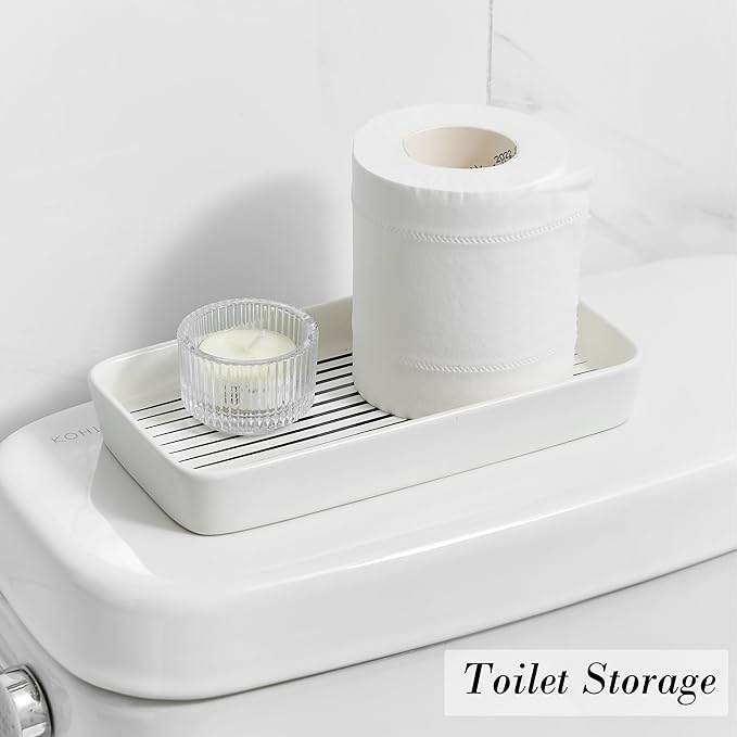 Bathroom Vanity Tray for Countertop,2PC Rectangle Striped Tray,Decorative Bathroom Organizer for Scrubber, Lotion Bottles, Perfume, Jewelry, Candle, Key Trinket Ring(Small,White)-NeatNest