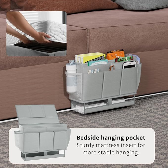 Bedside Caddy, Bed Organizer with 11 Pockets and Power Strip Holder, Versatile Bedside Storage Caddy for Home,Dorm,Bunk,Hospital,Crib Bed (2 Pack Grey)-NeatNest