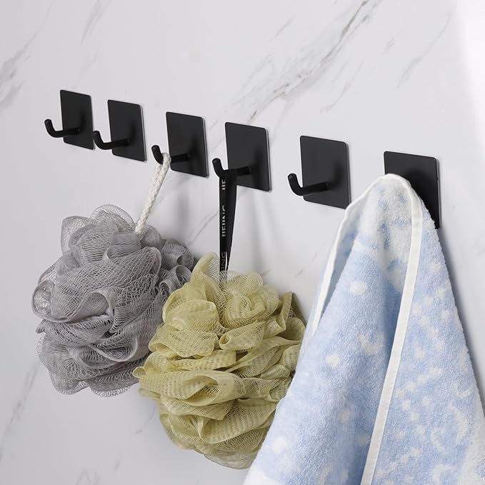 Bath Towel Hooks, 4 Pack Strong Self Adhesive Coat/Clothes Hooks, No Drilling Sticky Hooks, Heavy Duty 304 Stainless Steel Shower Wall Hook for Bathroom Kitchen Bedroom(Matte Black)