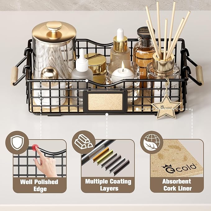 Bathroom Organizer Basket with Handle, Home Decor Organizers - Bathroom Organizers and Storage - Exquisite Vanity Organizer for Skincare - Bathroom Counter Tray for Organizing - Black-NeatNest