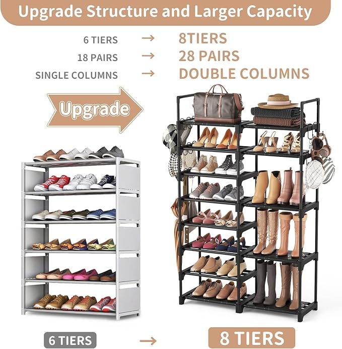ROJASOP Shoe Rack Organizer, 8-Tier Metal Shoe Rack for Closet Entryway Garage, 26-32 Pairs Tall Shoe Boot Storage Shelf with 15 Hooks, Stackable Large Shoe Stand-NeatNest