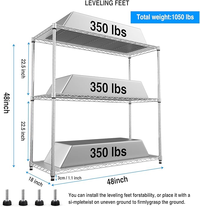 3 Tier NSF Wire Shelf Shelving Unit, 18 x 48 x 48 Inch 1050lbs Capacity Heavy Duty Adjustable Storage Metal Rack with Leveling Feet & Shelf Liners, Ideal for Garage, Kitchen, Office and More - Chrome