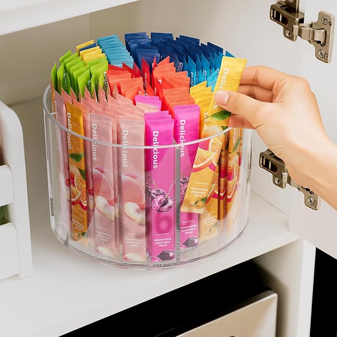 Divided Drink Packet Organizer, Rotating Turntable Organizer, Clear Lazy Susan for Powdered Drink Mix, Water Drink Packet Holder-NeatNest