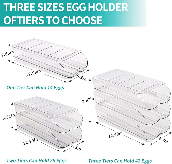 Egg Holder for Fridge, Automatically Rolling Egg Container for Refrigerator, Clear Plastic Fridge Organizers and Storage with Lid, Stackable Egg Dispenser & Tray (3 Tier)