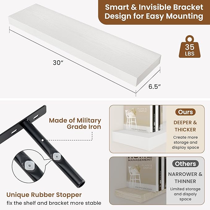 fuqing Floating Shelves for Wall, Bathroom Shelf Wall Mounted for Storage, Shelves with Invisible Bracket for Bedroom, Kitchen, Living Room, Farmhouse Small Book Shelf, 30 Inch Set of 2, White-NeatNest
