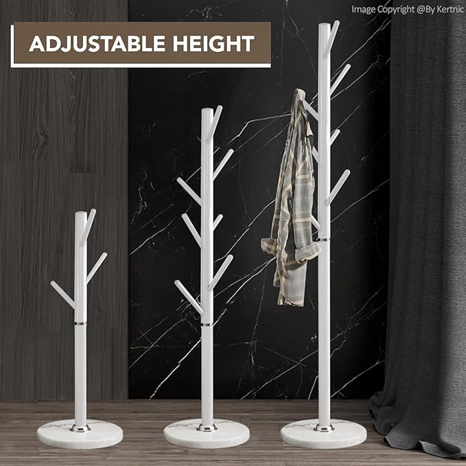 Kertnic Metal Coat Rack Stand, Free Standing Coat Rack with Stable Marble Base, High-Grade Coat Tree with 7 Hooks Metal Hall Tree Bedroom Floor Hat & Clothes Hanger (w White)-NeatNest