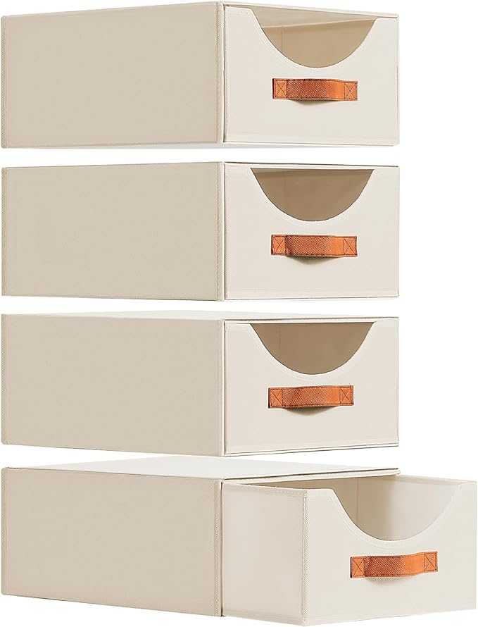 Closet Organizers and Storage - Large Storage Bins with Drawer, Fabric Clothes Organizers and Storage, Collapsible Storage Drawers Organizer for Bedroom, Living Room, 4 Pack, Beige-NeatNest
