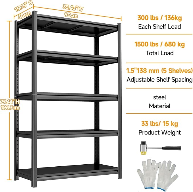 5 Tier Storage Shelves Metal Shelving Unit and Storage Utility Rack Shelf Organizer Adjustable Shelves for Garage, Basement, Pantry,Commercial, Warehouse, Industrial, Black