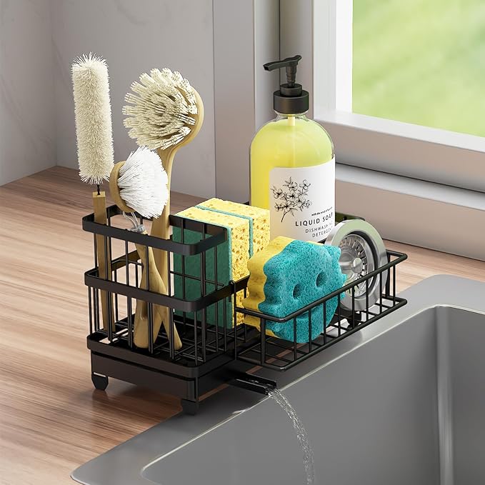 Consuemst Sponge Holder for Kitchen Sink - Auto Draining Sink Caddy Organizer with Detachable Rack, High Brush Holder, Kitchen Countertop Storage Accessories, Black-NeatNest