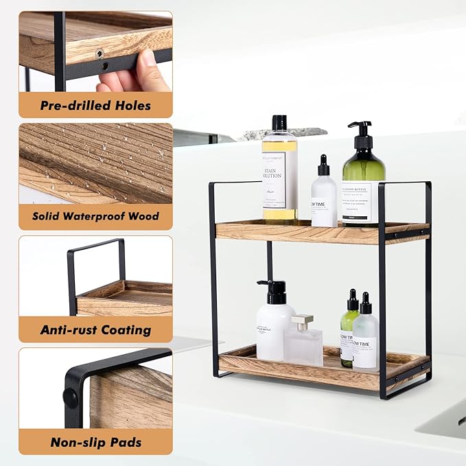 2-Tier Countertop Organizer for Bathroom Counter Wood Bathroom Counter Organizers Shelf Cosmetic Storage, Standing Vanity Tray for Room Organization and Decor