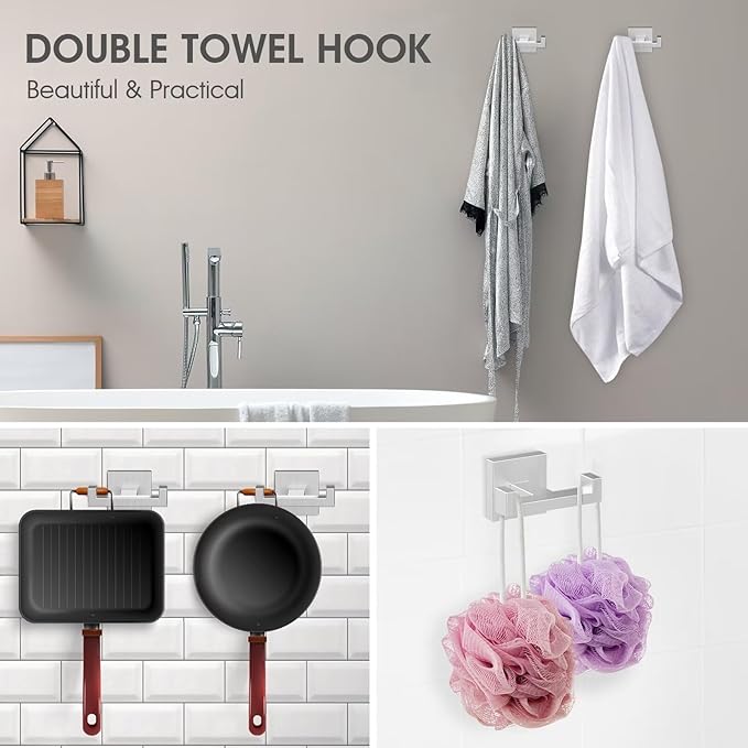 BOZWELL Double Towel Hooks for Bathroom Bushed Nickel Wall Mount,Simple Modern Square Style Coat Robe Hook,Stainless Steel Heavy Duty Door Hanger for Bathroom Bedroom Kitchen Hotel Pool 1502-NL-1