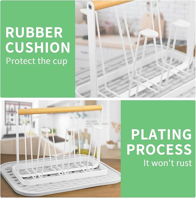 Cup Drying Rack Stand, 6 Cup Metal Drainer Holder Rack Non-Slip Mugs Cups Organizer with Wood Handle, White-NeatNest