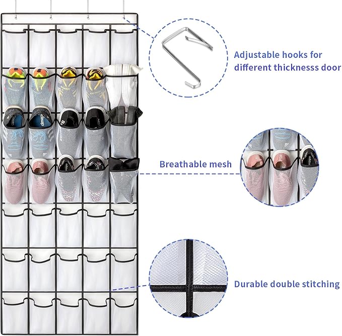 35 Pockets Over the Door Shoe Organizer, Hanging Shoe Organizer for Door with 35 Mesh Pockets Large Capacity Shoe Hanging Storage Bag with 4 Metal Hooks (White-1Pack)-NeatNest