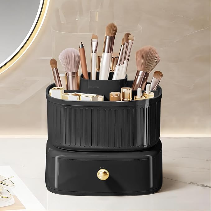 DASITON Stackable Makeup Organizer,Makeup Brush Holder With 360°Rotating Makeup Organizer Tray,Cosmetic Holder Shelf(Black)-NeatNest