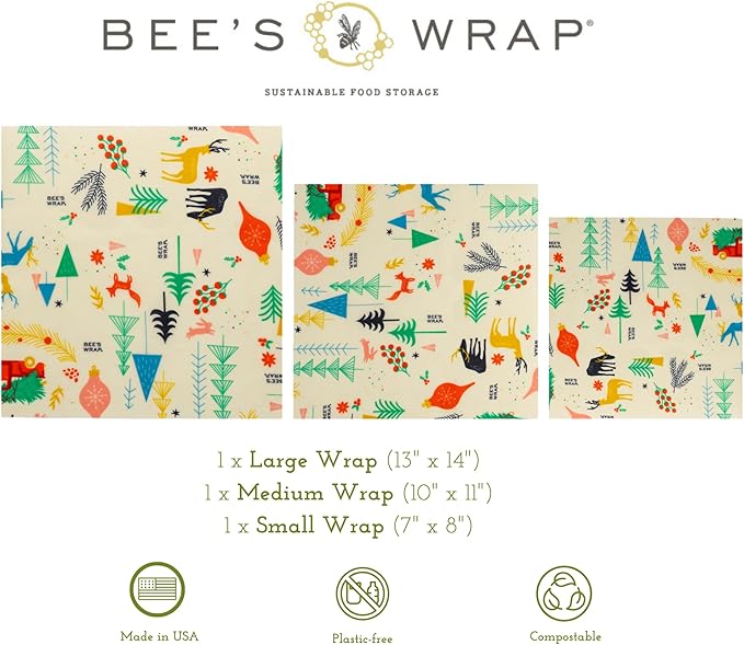 Bee's Wrap Beeswax Wraps for Food - Winter Wonderland 3 Pack (S, M, L) Made in USA Reusable & Organic Food Wraps, Sandwich Wrap & Bowl Covers - Eco-Friendly Alternative to Aluminum Foil & Plastic Wrap-NeatNest