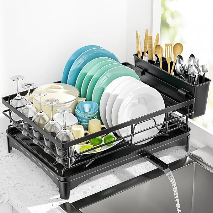 Black Stainless Steel Dish Drying Rack for Kitchen Counter, Space-Saving Dish Drainer with Drainboard, Utensil Holder & Collapsible Design-NeatNest