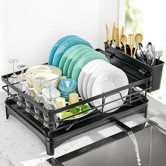 Black Stainless Steel Dish Drying Rack for Kitchen Counter, Space-Saving Dish Drainer with Drainboard, Utensil Holder & Collapsible Design-NeatNest