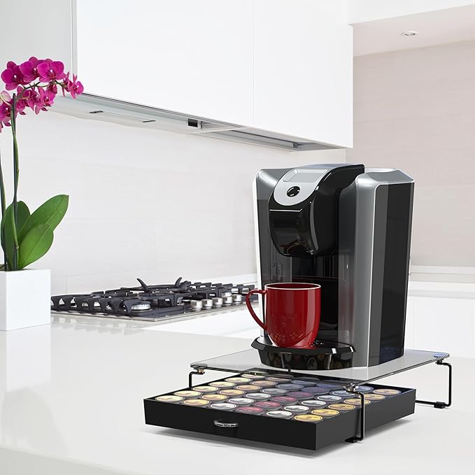 DecoBrothers Crystal Tempered Glass Holder Drawer for 36 Coffee Pods Storage, Black-NeatNest