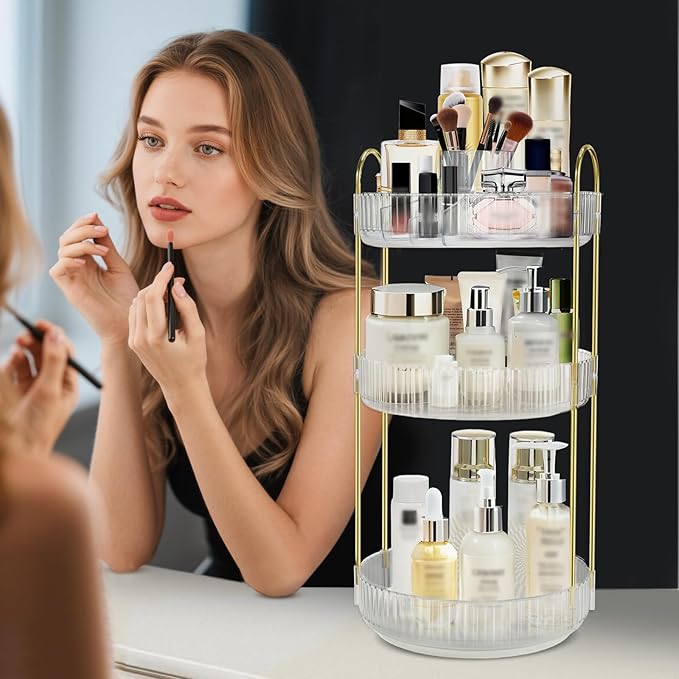 360 Rotating Makeup Organizer for Vanity,3 Tier Large Capacity Skincare Organizers,Bathroom Counter Organizer, transparent Spinning Perfume Organizer & Vanity Organizer (NEW-White, 3 Tier)-NeatNest