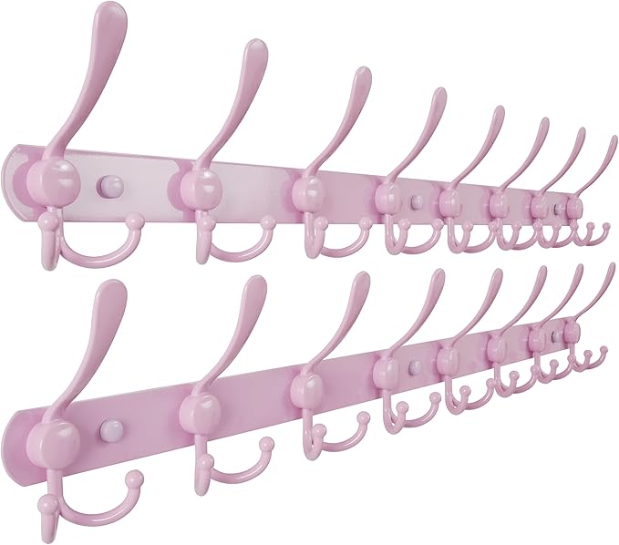 Dseap Coat Rack Wall Mount - 38” Long 10-Tri-Hooks Heavy Duty Coat Hanger Rail Wall Hooks for Hanging Coats Hats Clothing Clothes Purse Mudroom Entryway, Pink, Pack of 2-NeatNest