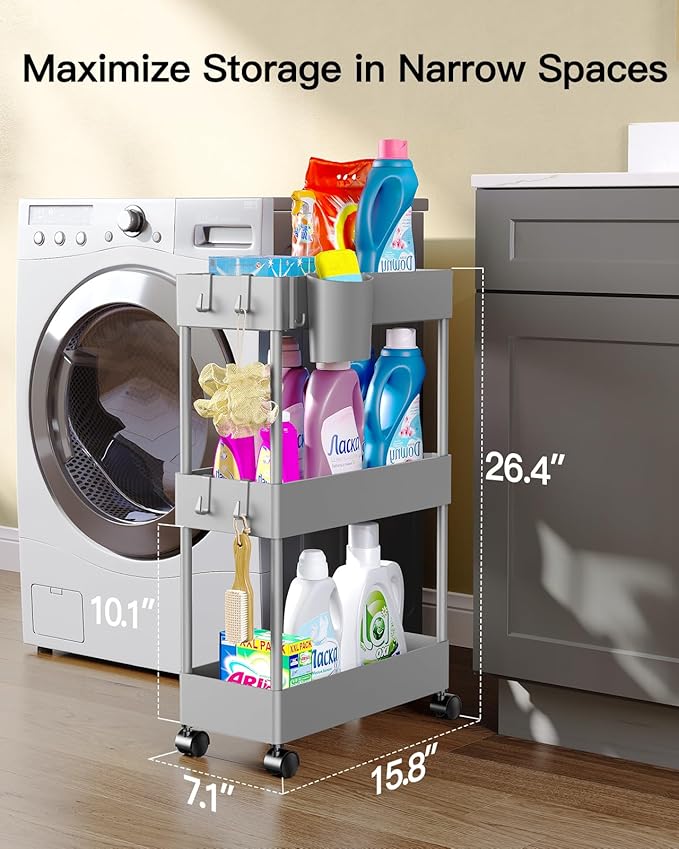 Pipishell Slim Storage Cart with Wheels - 3 Tier Bathroom Organizers and Storage Cart - Rolling Carts for Bathroom, Kitchen, Narrow Space, Laundry Room,Grey-NeatNest