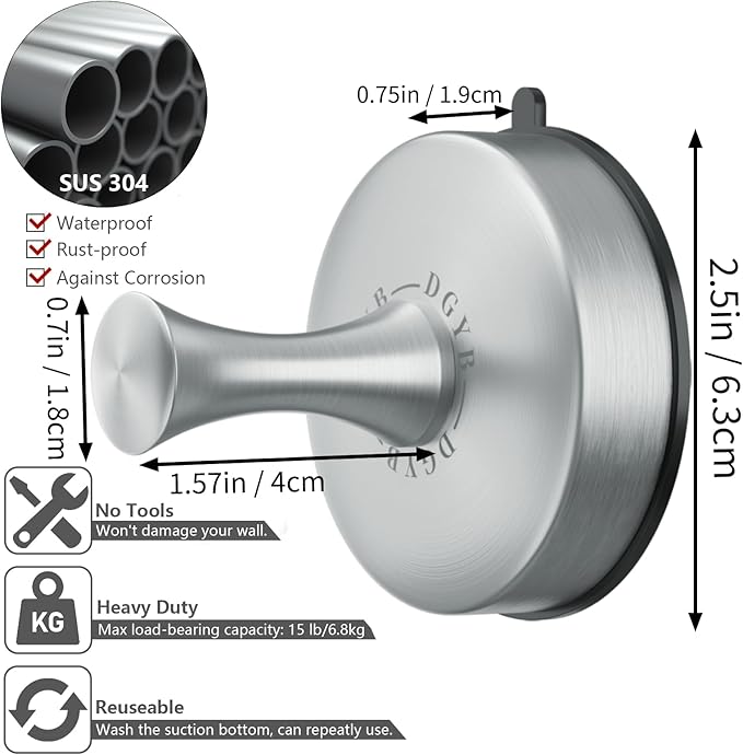 DGYB Suction Cup Hooks for Shower 2-Pcs Heavy-Duty 15LB Max Load, 304 Stainless Steel & PVC, No Drill Bathroom Wall Hooks for Towels, Robe, Loofah (Brush)-NeatNest