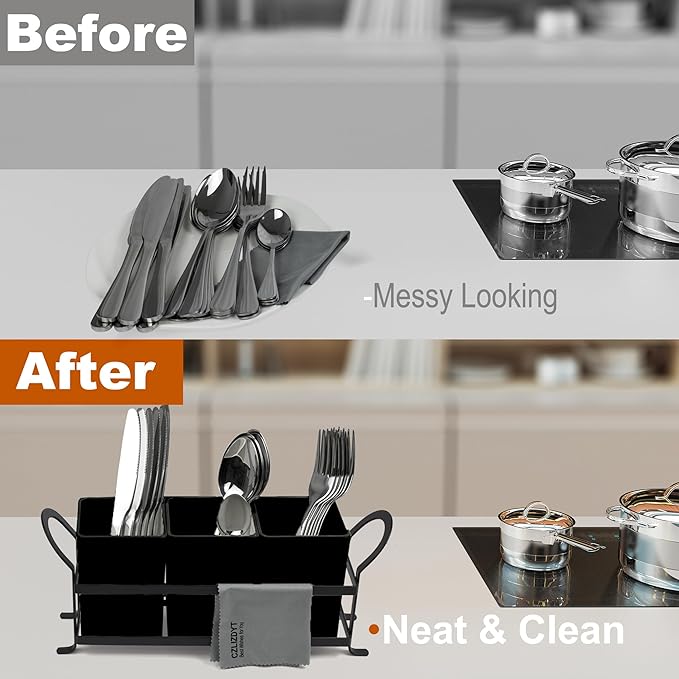 Cutlery Holder with Drain Holes, Silverware Caddy for Party Countertop, 3pcs Bins Set Utensil Holders for Spoon and Fork, Black-NeatNest